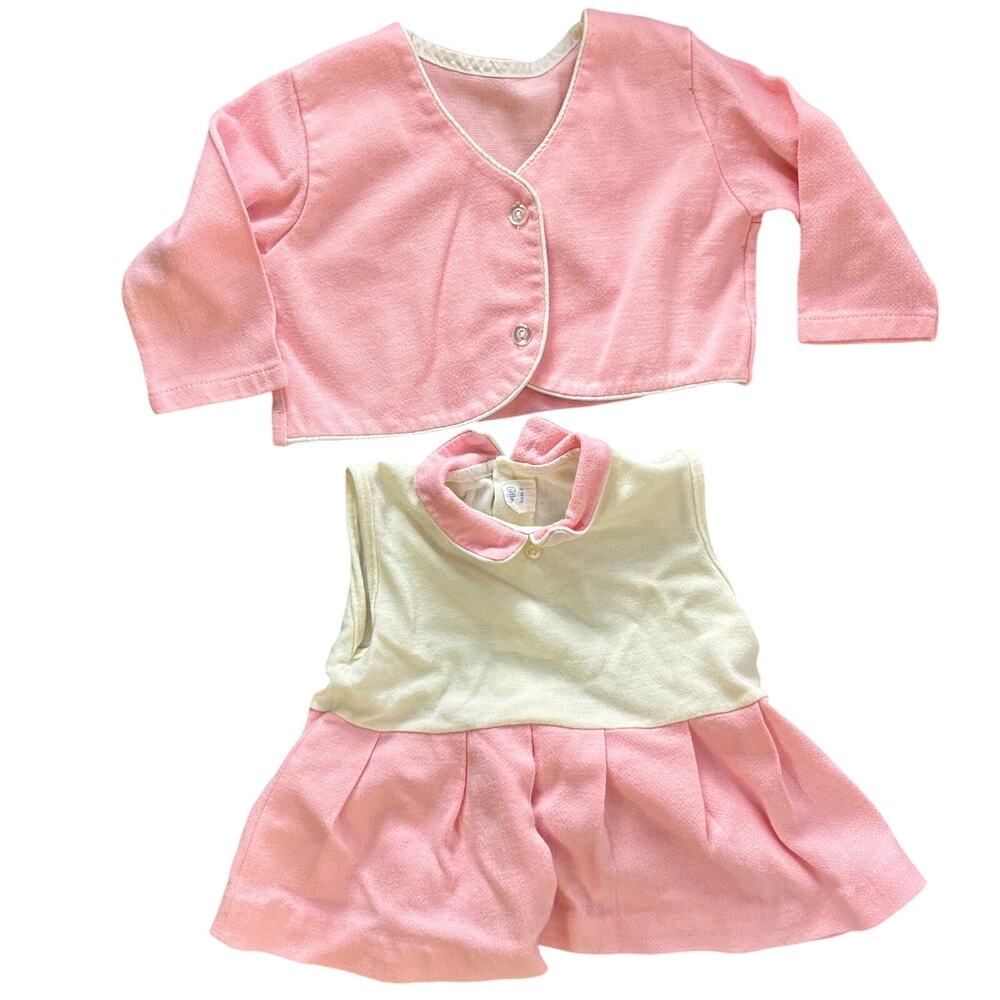 Vintage Cutler Knit Baby Dress W/ Jacket 2 Pc Girls 12 Month Pink & White Doll